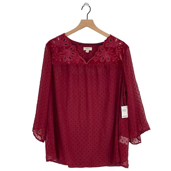 NEW Style & Co Red Swiss Dot Velvet Yoke Sheer Top Plus Size 2X Eyelet Floral - Picture 3 of 6